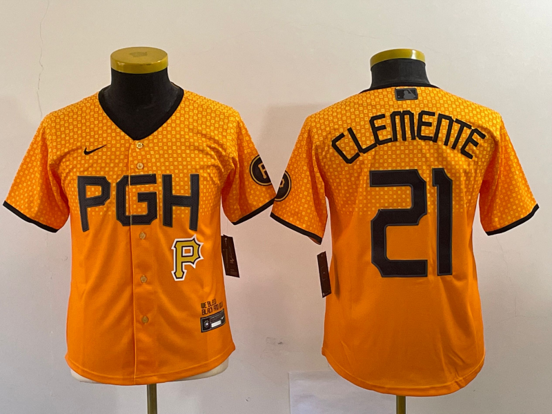 Youth Pittsburgh Pirates #21 Roberto Clemente Yellow 2023 City Connect Stitched Jersey1