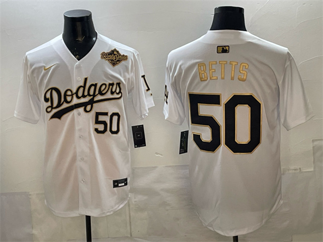 Men's Los Angeles Dodgers #50 Mookie Betts White Gold 2025 World Series Patch Limited Stitched Baseball Jersey