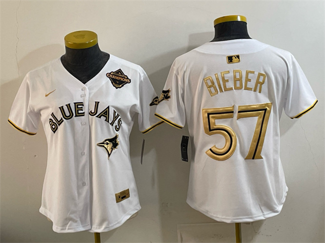 Women's Toronto Blue Jays #57 Shane Bieber White Gold 2025 American League Champions Limited Stitched Baseball Jersey(Run Small)
