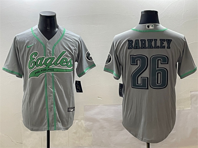 Men's Philadelphia Eagles #26 Saquon Barkley Gray Cool Base Stitched Baseball Jersey