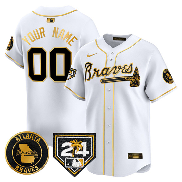 Men's Atlanta Braves Customized White Gold 2024 Spring Training Patch Limited Stitched Baseball Jersey