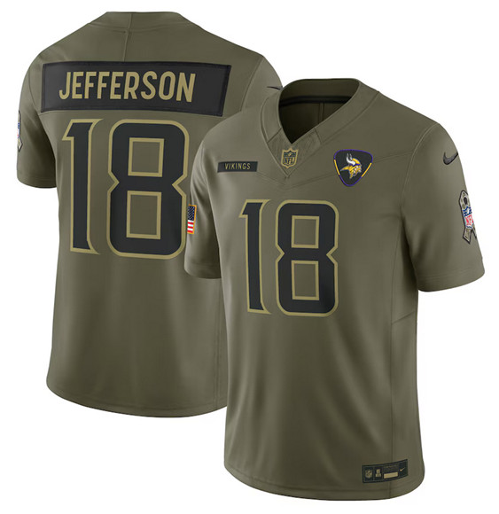 Men's Minnesota Vikings #18 Justin Jefferson Olive 2025 Salute to Service Limited Football Stitched Jersey