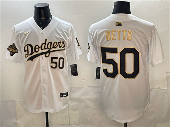 Men's Los Angeles Dodgers #50 Mookie Betts White Gold 2025 World Series Champions Patch Limited Stitched Baseball Jersey