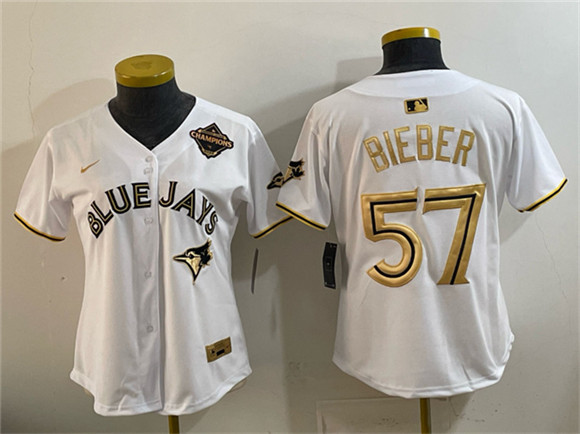 Youth Toronto Blue Jays #57 Shane Bieber White Gold 2025 American League Champions Limited Stitched Jersey