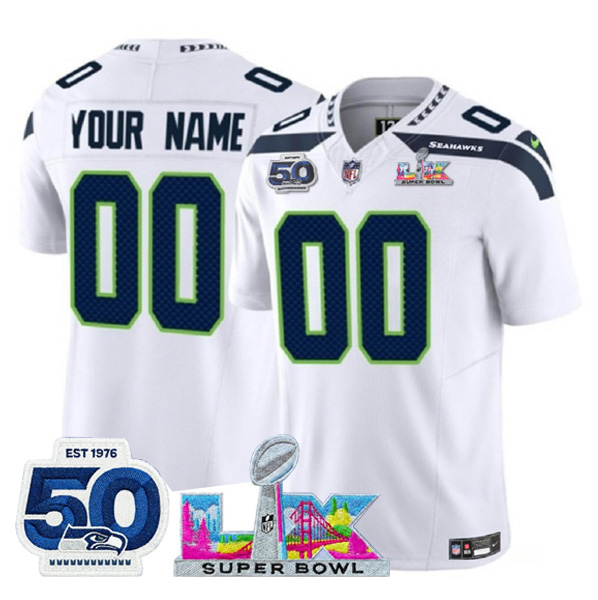 Men's Seattle Seahawks Active Player Custom White 2025 F.U.S.E. Super Bowl LX Patch And 50th Season Patch Vapor Limited Football Stitched Jersey