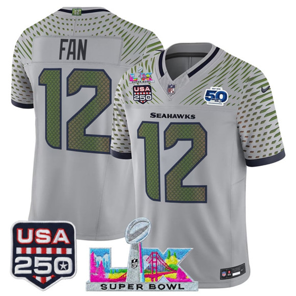 Men's Seattle Seahawks #12 Fan Gray 2025 F.U.S.E. Super Bowl LX & US 250th anniversary Patch And 50th Season Patch “Rivalries” Vapor Limited Football Stitched Jersey