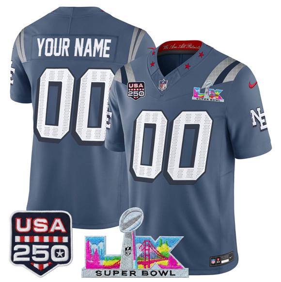 Men's New England Patriots Active Player Custom Storm Blue 2025 F.U.S.E. Super Bowl LX & USA 250' Patch “Rivalries” Vapor Limited Football Stitched Jersey