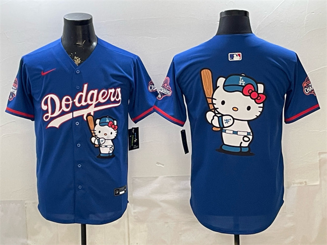 Men's Los Angeles Dodgers Team Big Logo Royal Hello Kitty Night 2025 World Series Champions Patch Stitched Baseball Jersey