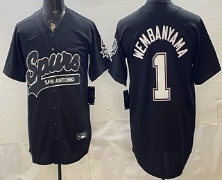 Mens San Antonio Spurs #1 Victor Wembanyama Black Stitched Baseball Jersey