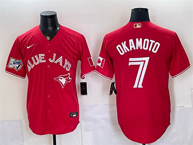 Men's Toronto Blue Jays #7 Kazuma Okamoto Red 50 Seasons Patch Stitched Baseball Jersey