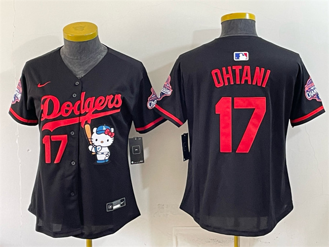 Women's Los Angeles Dodgers #17 Shohei Ohtani Black Hello Kitty Night 2025 World Series Champions Patch Stitched Baseball Jersey(Run Small)