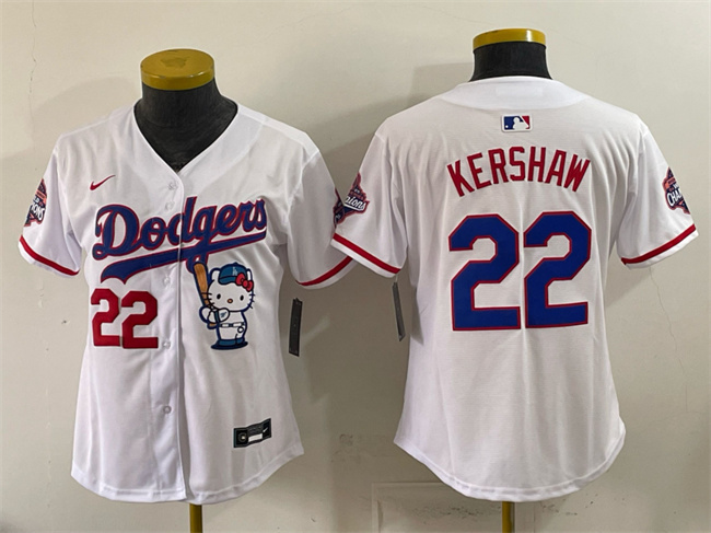 Women's Los Angeles Dodgers #22 Clayton Kershaw White Hello Kitty Night 2025 World Series Champions Patch Stitched Baseball Jersey(Run Small)