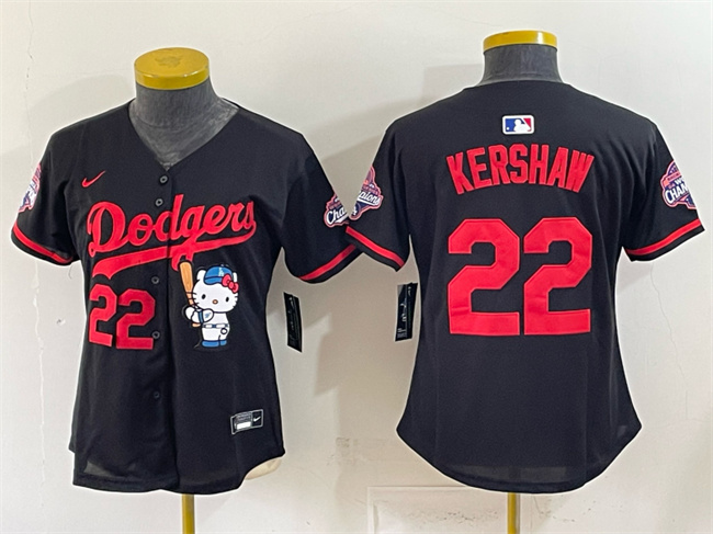 Women's Los Angeles Dodgers #22 Clayton Kershaw Black Hello Kitty Night 2025 World Series Champions Patch Stitched Baseball Jersey(Run Small)