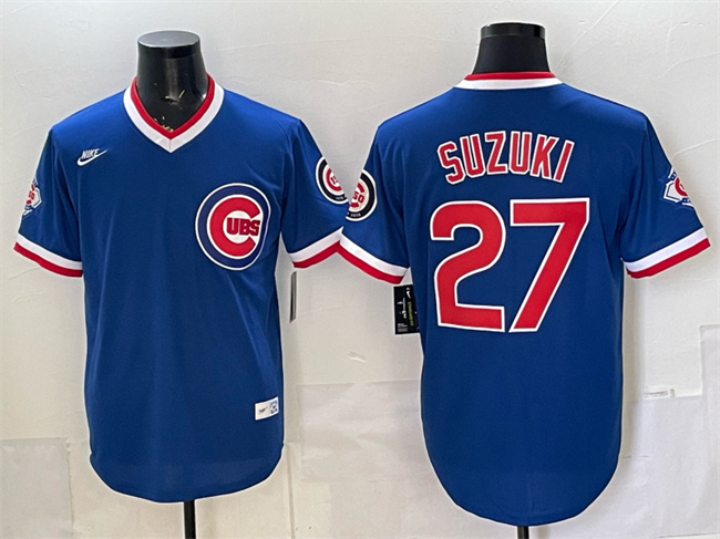 Men's Chicago Cubs #27 Seiya Suzuki Royal 150th Anniversary Throwback Vapor Limited Stitched Baseball Jersey