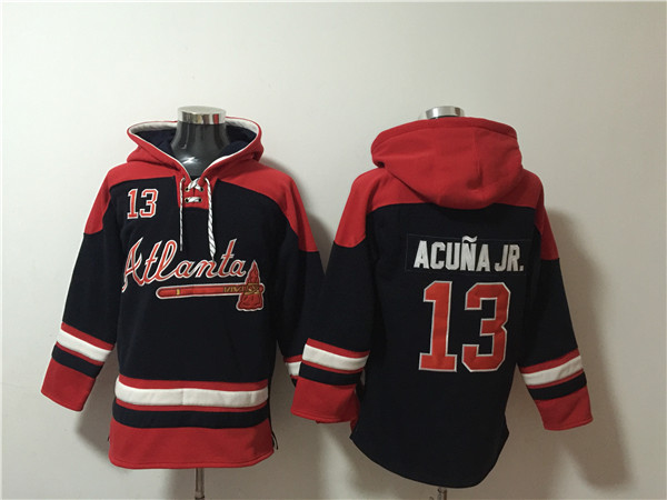 Men's Atlanta Braves #13 Ronald Acu&ntilde;a Jr. Navy Red Ageless Must-Have Lace-Up Pullover Hoodie